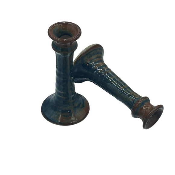 Studio Pottery Pair Of Candlestick Holder Drip Glaze Blue Brown Artist Signed 6” - Picture 3 of 8